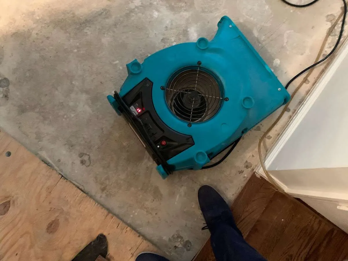 Air mover drying subfloor during Leak Detection & Repair in Berwick
